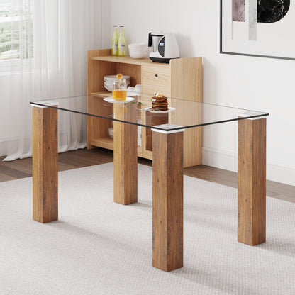 Modern minimalist rectangular dining table Glass desktop and wooden MDF table legs - FurniFindUSA