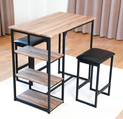 Modern 3-Piece Bar tabies and chairs Set with 2 Chairs for Dining Room Black Frame+Brown oak board surface+Black cushion - FurniFindUSA