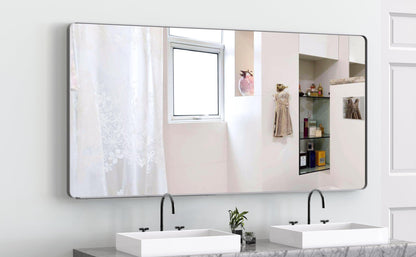 Large bathroom mirror with movable tray wall mounted mirror, vertically and horizontally suspended aluminum frame wall mounted m - FurniFindUSA