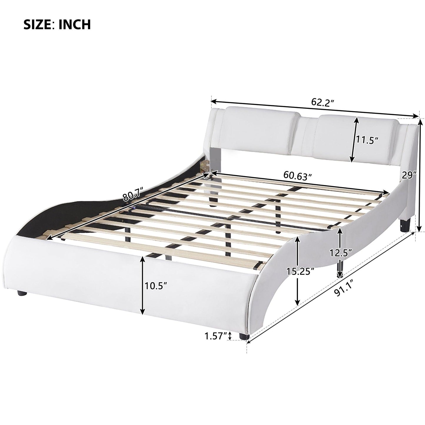 Queen Size Upholstered Faux Leather Platform Bed with LED Light Bed Frame with Slatted - White - FurniFindUSA