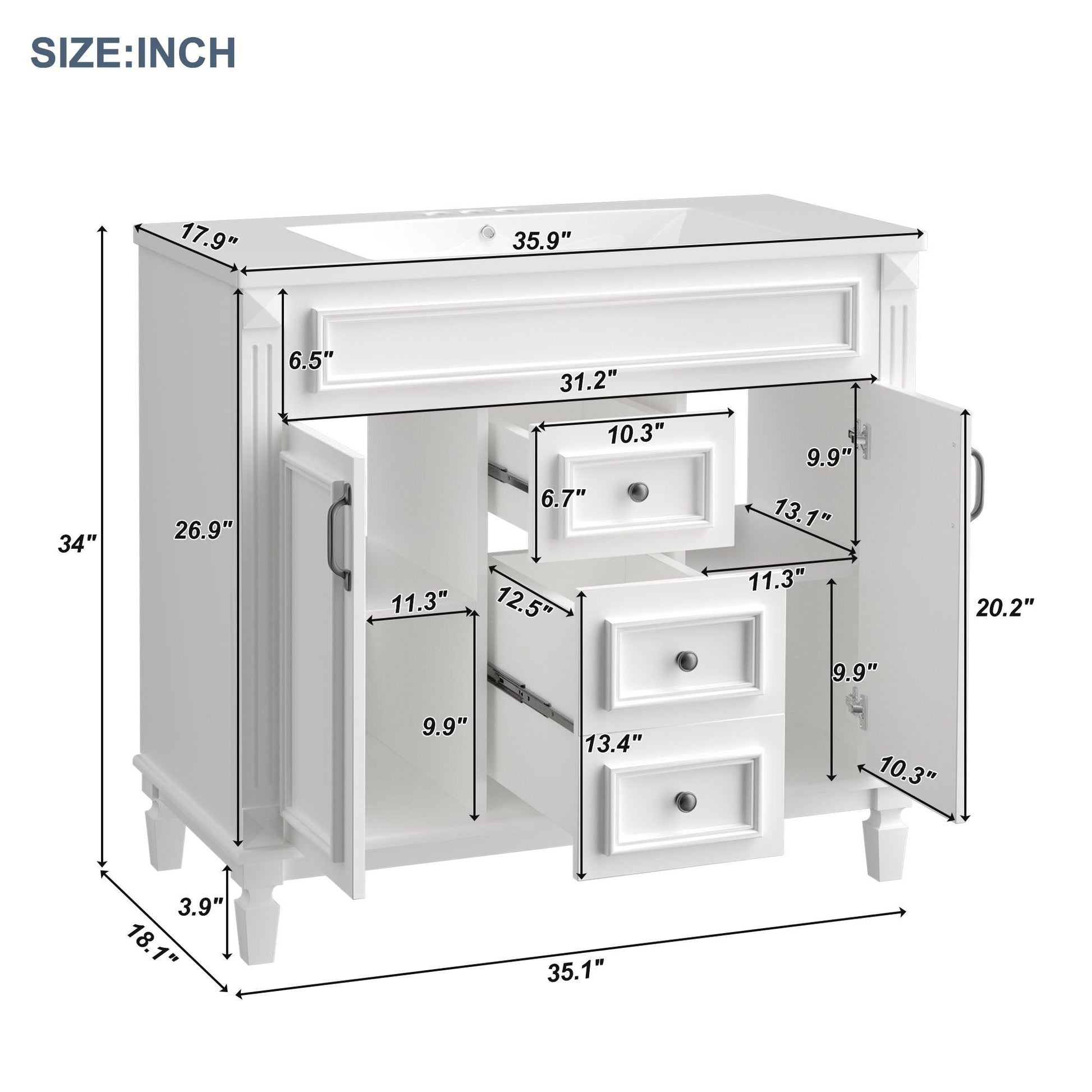 36 inch white bathroom vanity with top sink, equipped with 2 soft closing doors and 2 drawers, bathroom storage cabinet, single - FurniFindUSA