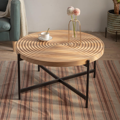 33"Modern Thread Design Round Coffee Table MDF Table Top with Cross Legs Metal Base - FurniFindUSA