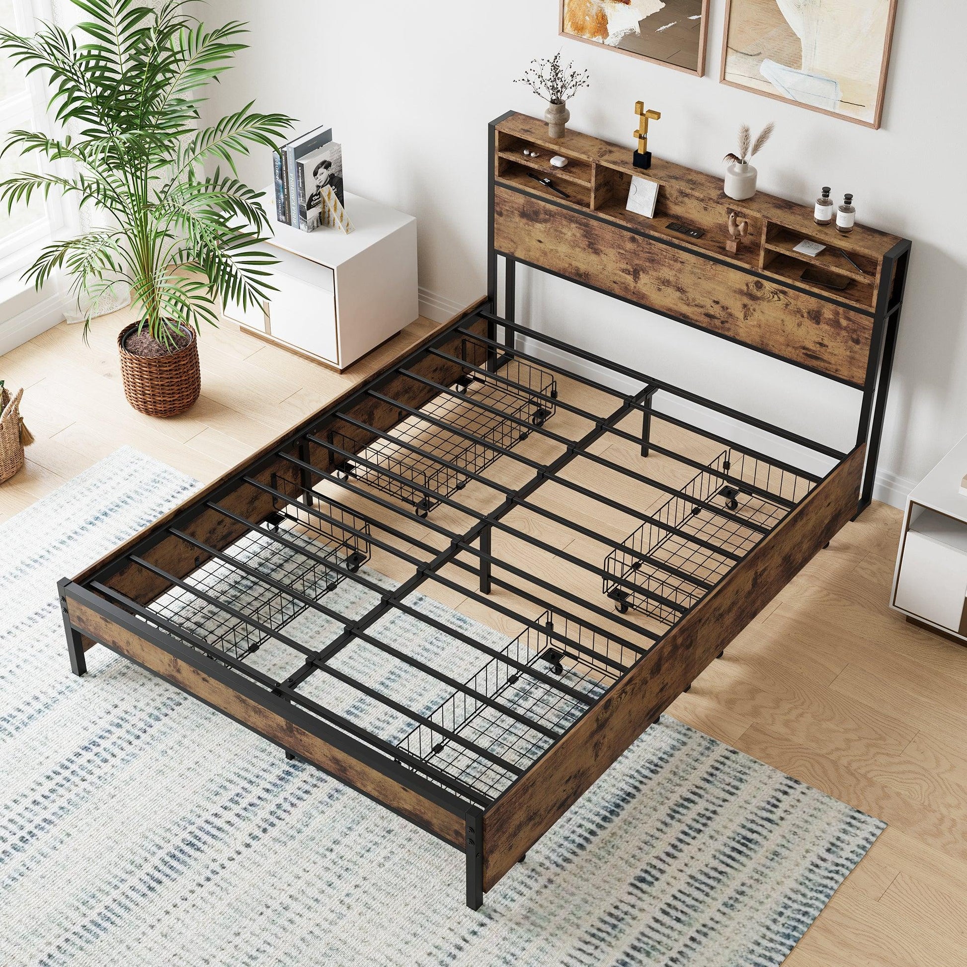 Queen Bed Frame with Storage Headboard and 4 Drawers - FurniFindUSA
