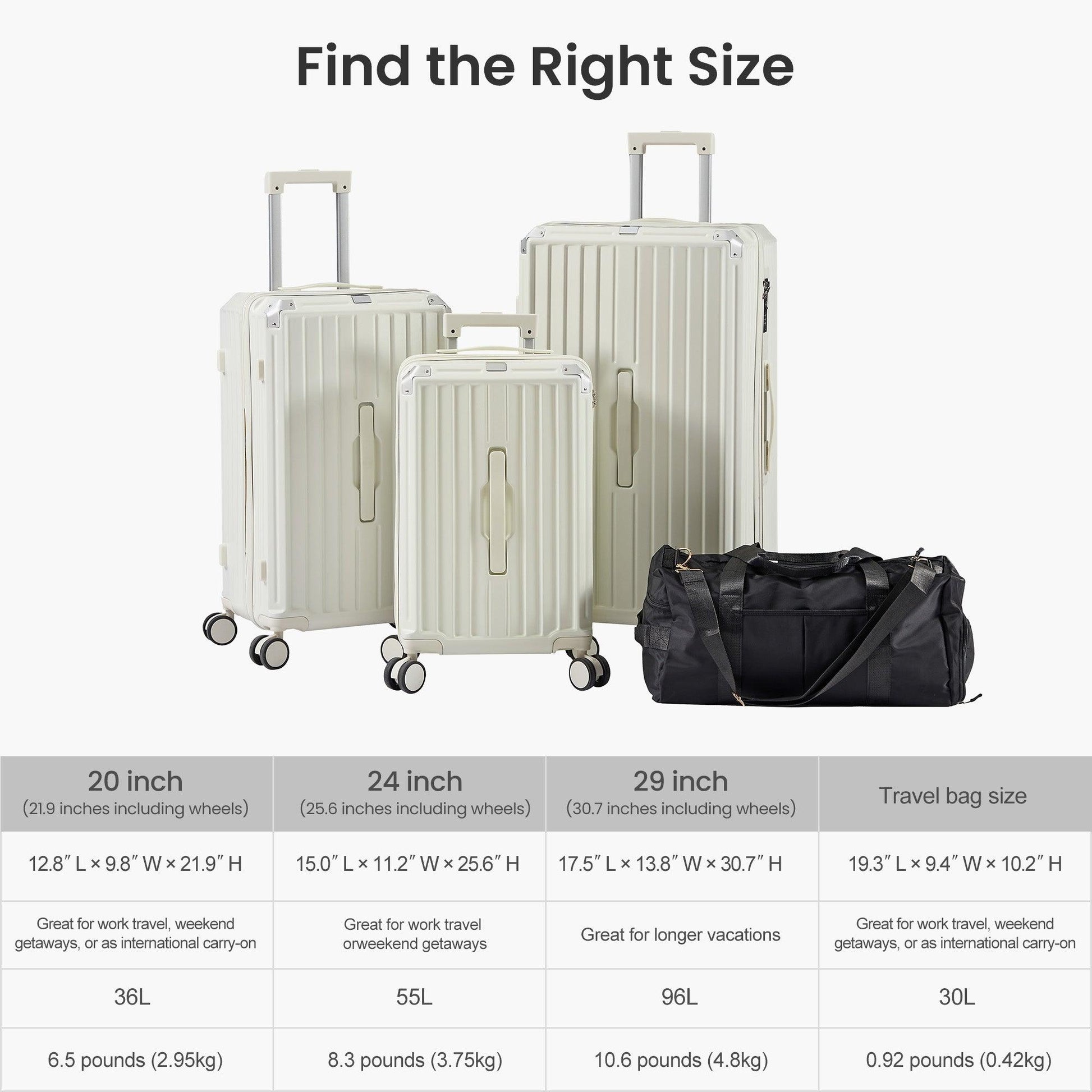 Luggage Set 4 pcs (20"/24"/29"/Travel Bag), PC+ABS Durable Lightweight Luggage with Collapsible Cup Holder、 TSA Lock, White - FurniFindUSA