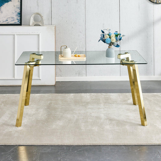 Modern minimalist style rectangular glass dining table with tempered glass tabletop and golden metal legs - FurniFindUSA