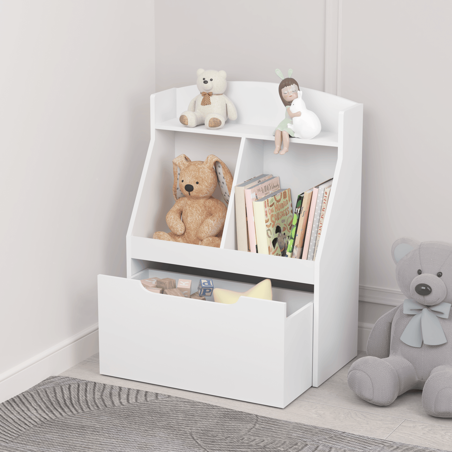 Kids Bookshelf with Drawer and Wheels Children's Book Display Wooden Bookcase White - FurniFindUSA