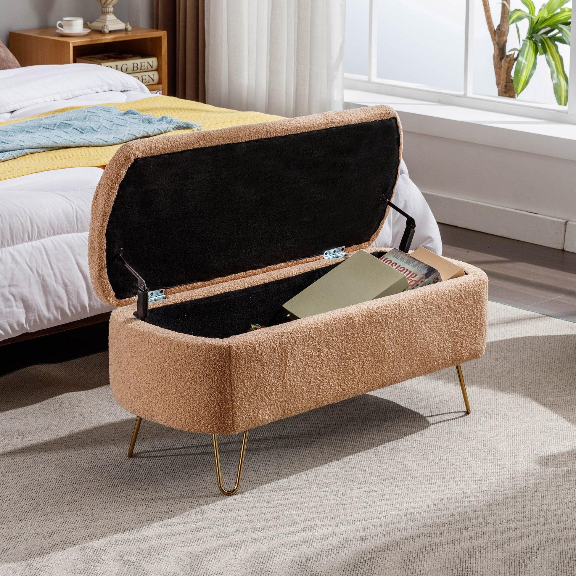 Camel Storage Ottoman Bench for End of Bed Gold Legs - FurniFindUSA