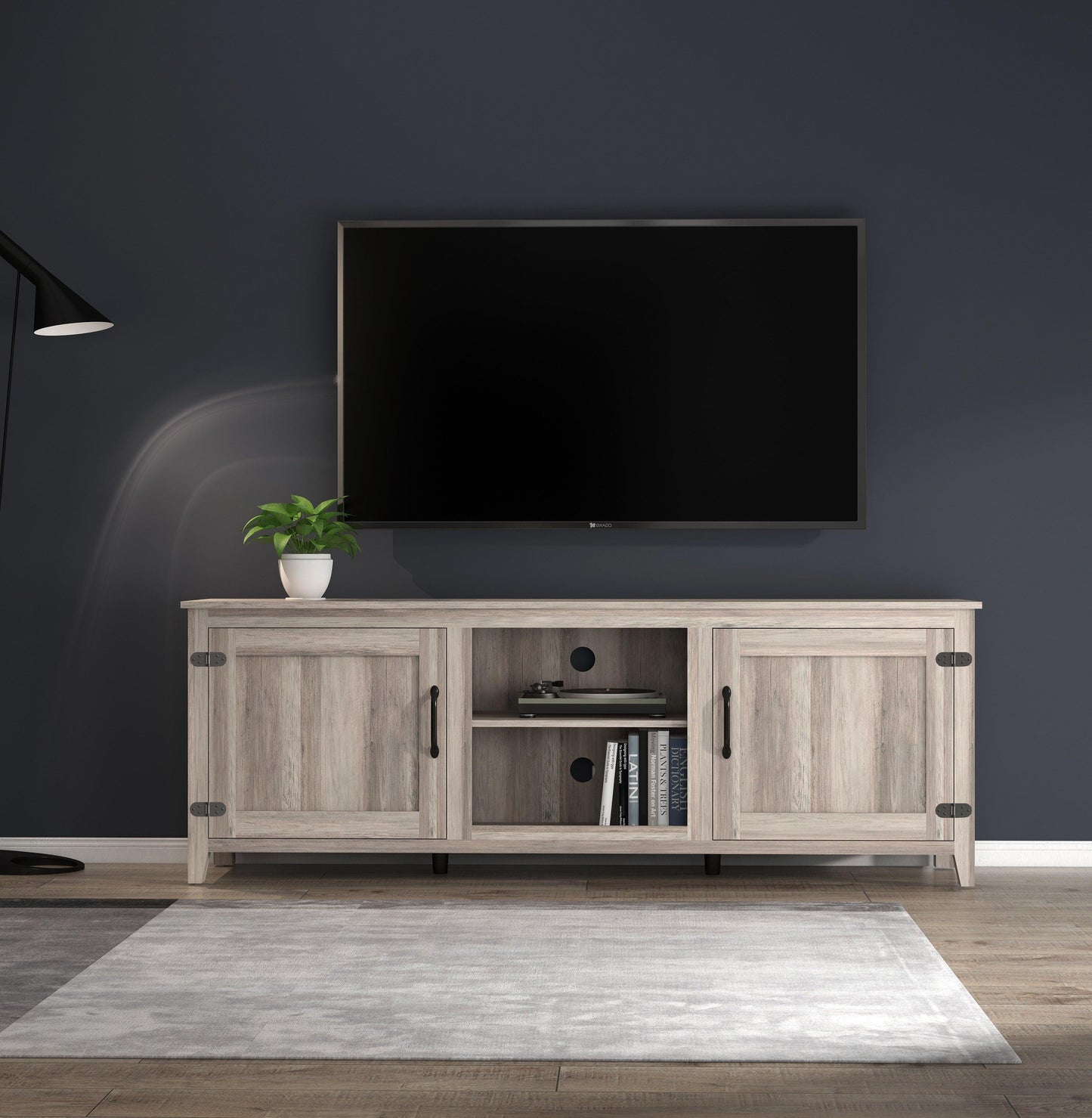 TV Stand Storage Media Console Entertainment Center With Two Doors Grey Walnut - FurniFindUSA