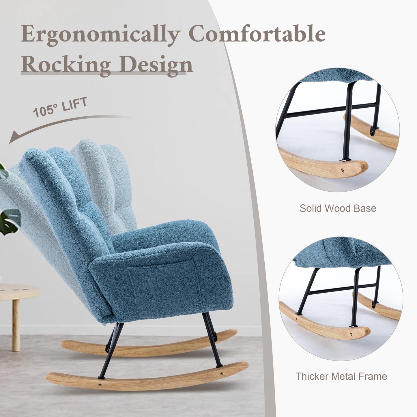 Rocking Chair with Pocket, Soft Teddy Fabric Rocking Chair for Nursery, Comfy Wingback Glider Rocker with Safe Solid Wood Base for Living Room Bedroom - FurniFindUSA