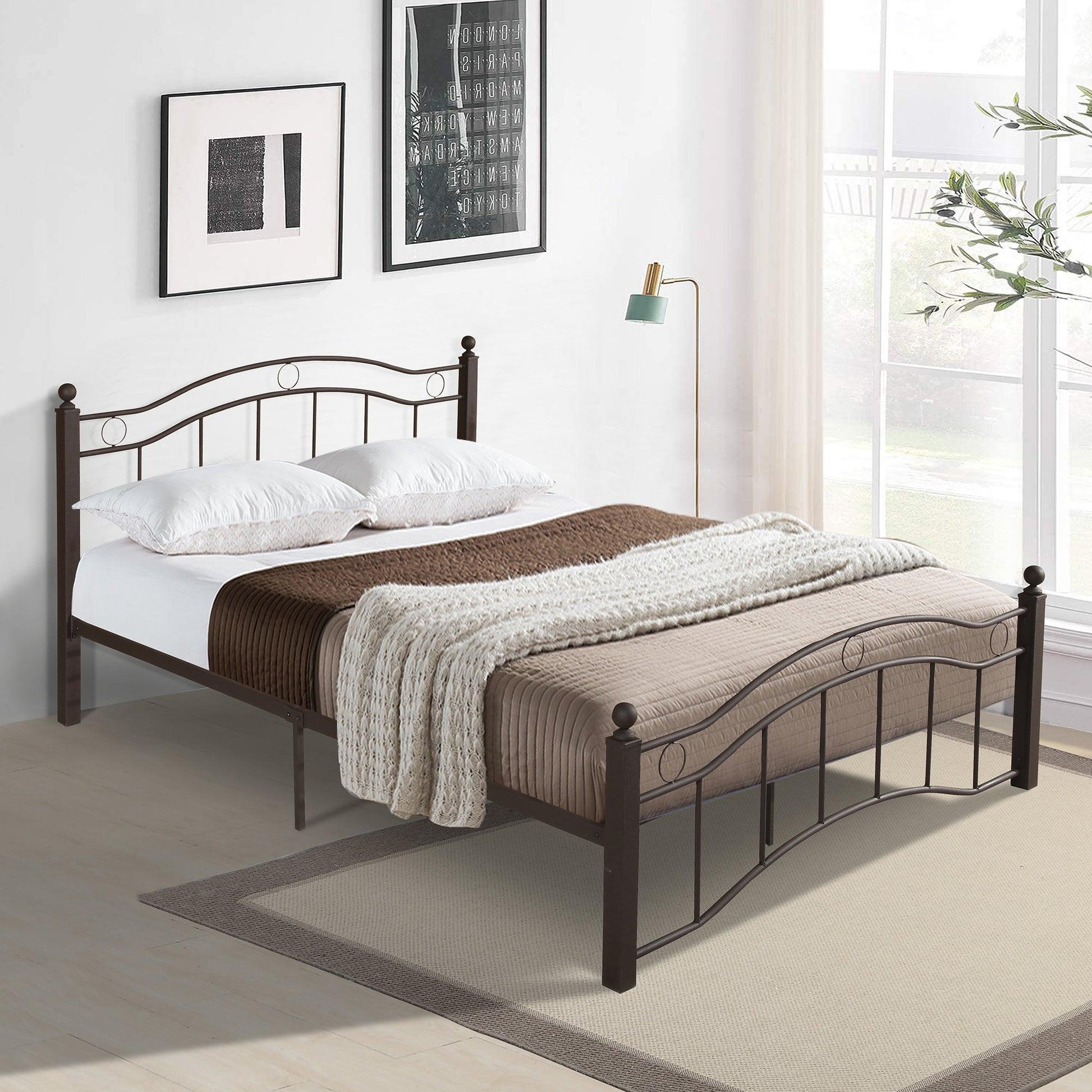 King Size Metal Bed Frame with Headboard and Footboard Bronze - FurniFindUSA