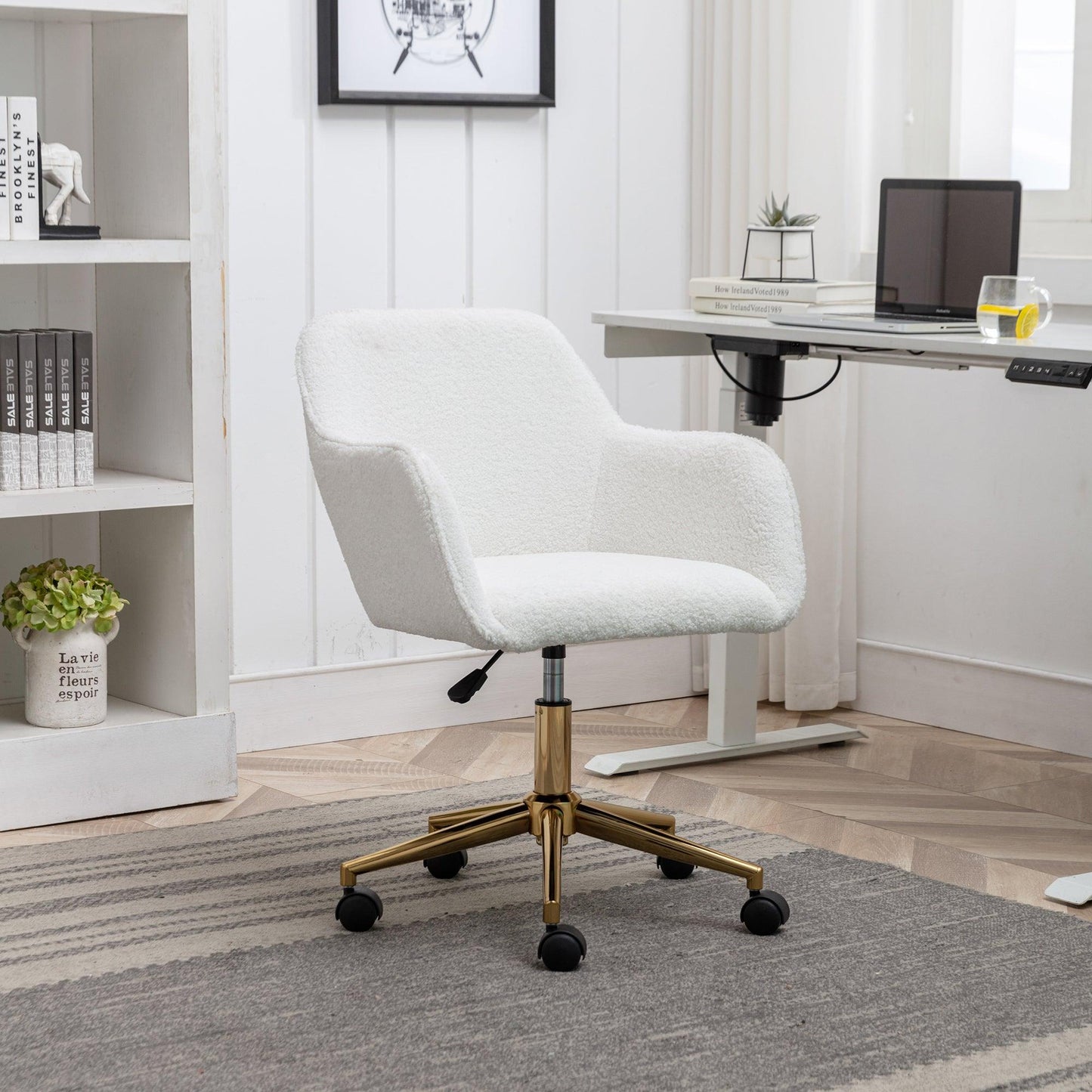 Modern Teddy Fabric Material Adjustable Height 360 Revolving Home Office Chair White - FurniFindUSA