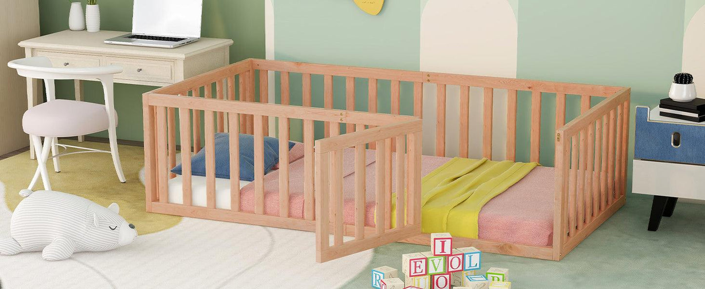 Twin Size Wood Floor Bed Frame with Fence and Door Natural - FurniFindUSA