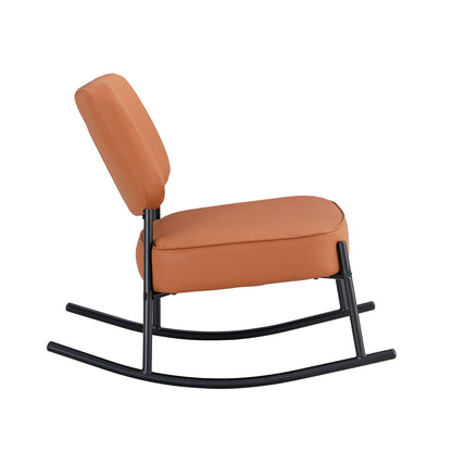 PU material cushioned rocking chair unique rocking chair cushioned seat brown backrest rocking chair black metal legs - FurniFindUSA