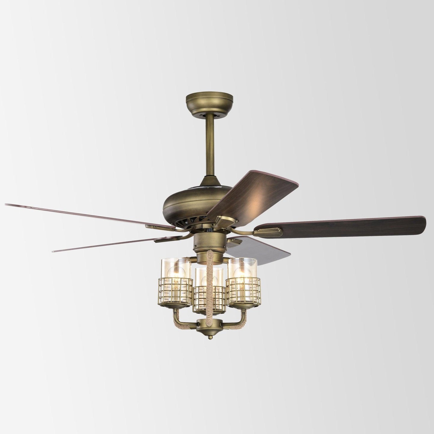 52inch Bronze Metal 3 Lights Ceiling Fan with 5 Wood Blades, Two-color fan blade, AC Motor, Remote Control, Reversible Airflow - FurniFindUSA