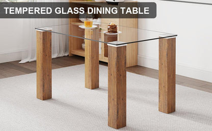 Modern minimalist rectangular dining table Glass desktop and wooden MDF table legs - FurniFindUSA