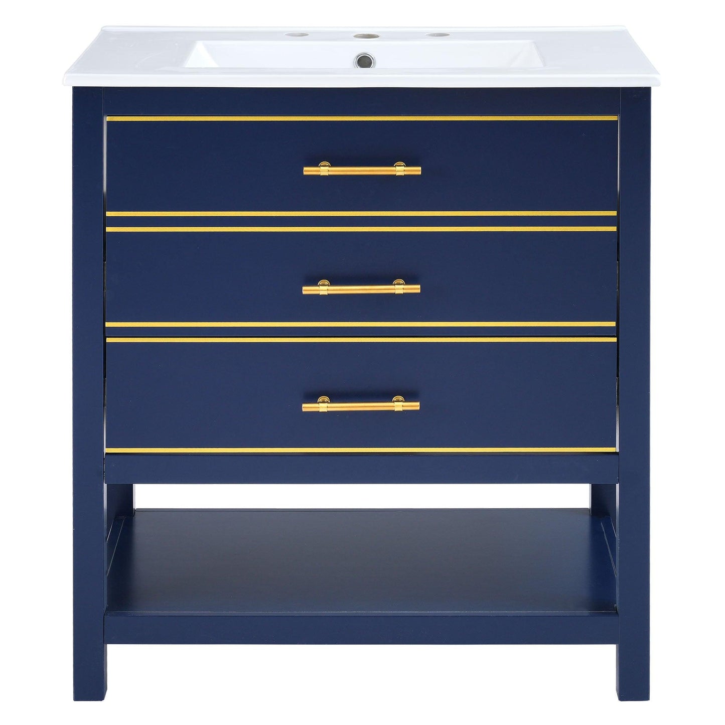 [Viedo]Modern 30inch Navy Blue/White Bathroom Vanity Cabinet Combo with Open Storge, Two Drawers - FurniFindUSA