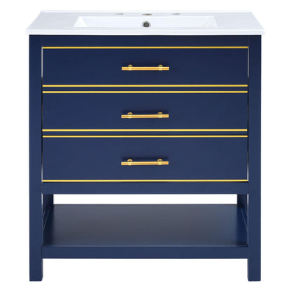 [Viedo]Modern 30inch Navy Blue/White Bathroom Vanity Cabinet Combo with Open Storge, Two Drawers - FurniFindUSA