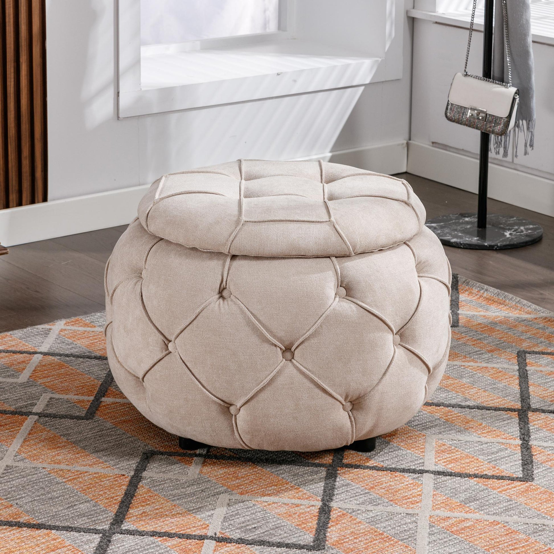 Large Button Tufted Woven Round Storage Footstool。Suitable for living room, bedroom, study - FurniFindUSA