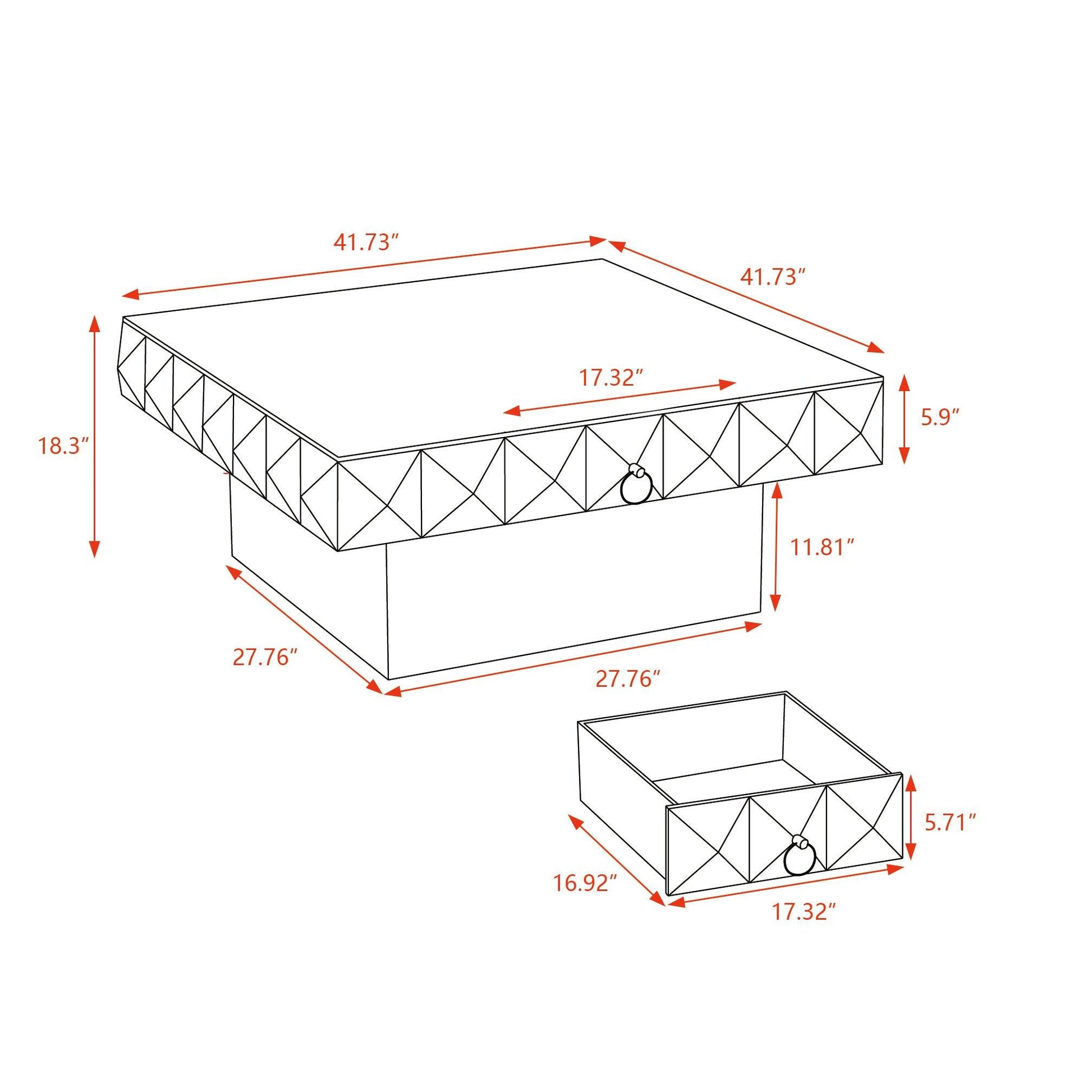 41.73"Three-dimensional Embossed Pattern Square Retro Coffee Table with 2 Drawers and MDF Base - FurniFindUSA