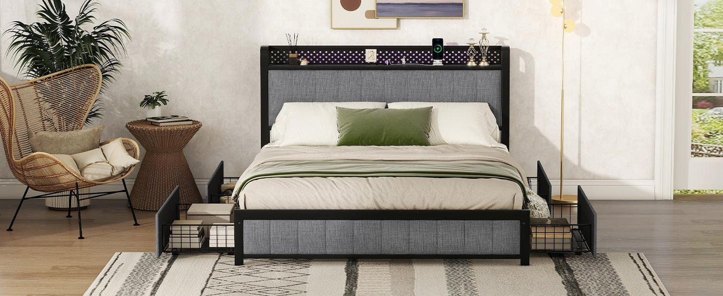 Queen Bed Frame with LED Headboard Upholstered Bed with 4 Storage Drawers and USB Ports Light Grey - FurniFindUSA