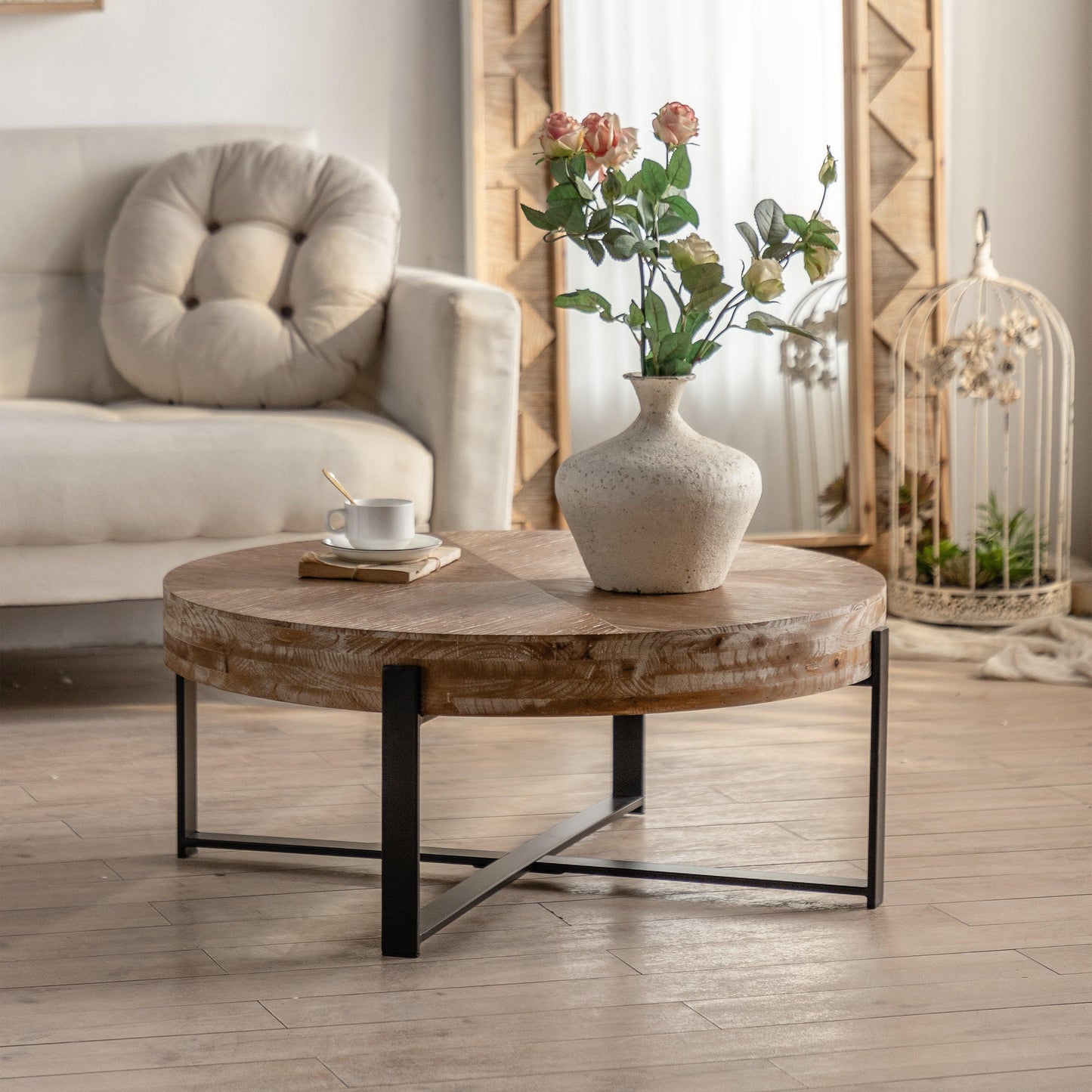 31.29"Modern Retro Splicing Round Coffee Table Fir Wood Table Top with Cross Legs Metal Base - FurniFindUSA