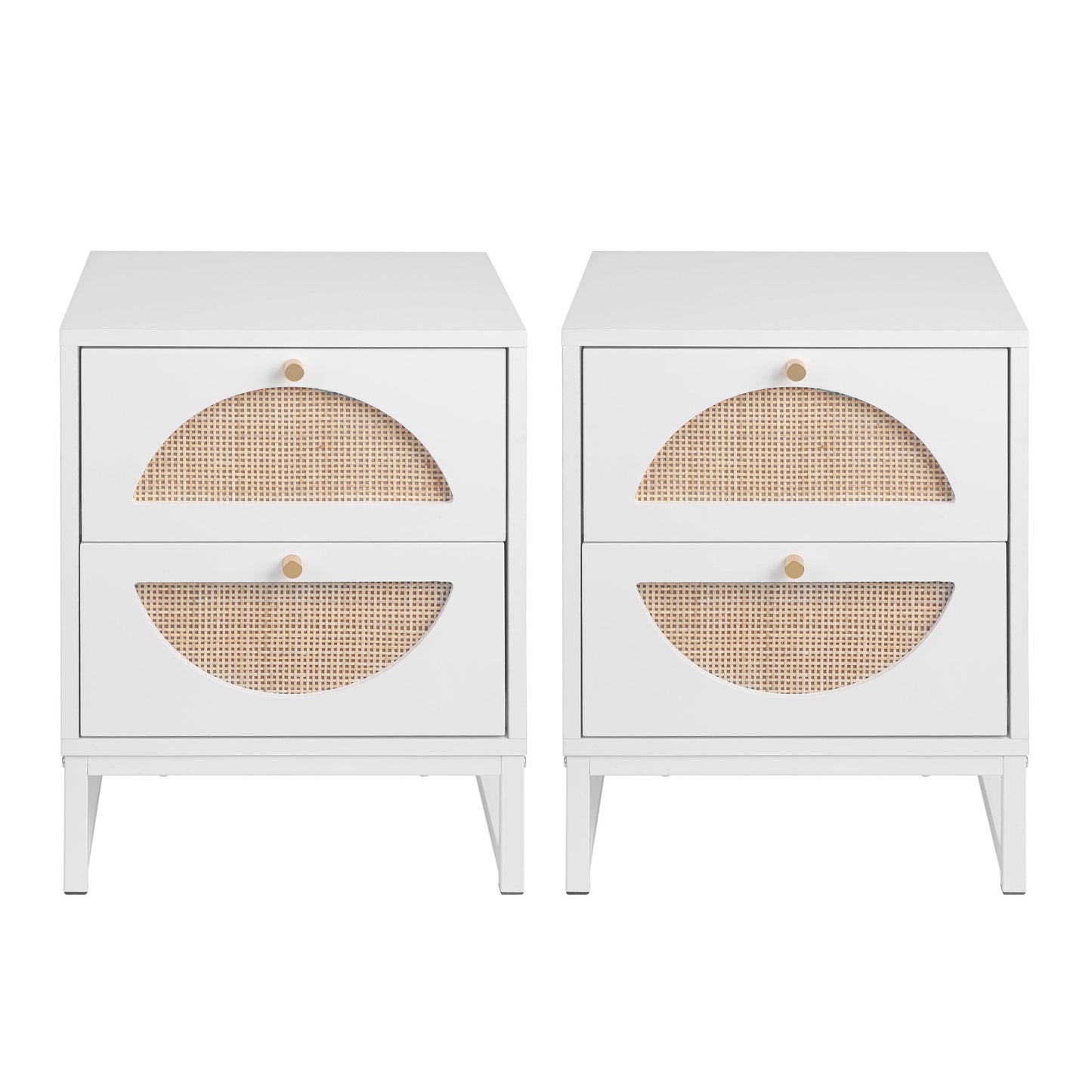Allen 2 Drawer Nightstand Set of 2 White Natural Rattan Display Rack for Bedroom and Living Room - FurniFindUSA