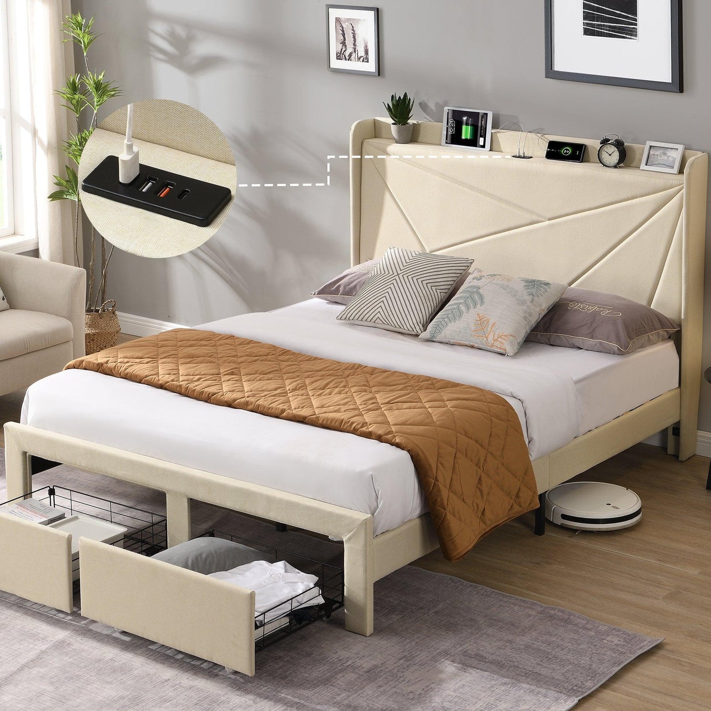 Queen Size Bed Frame with 2 Storage Drawers Upholstered Bed Frame - FurniFindUSA