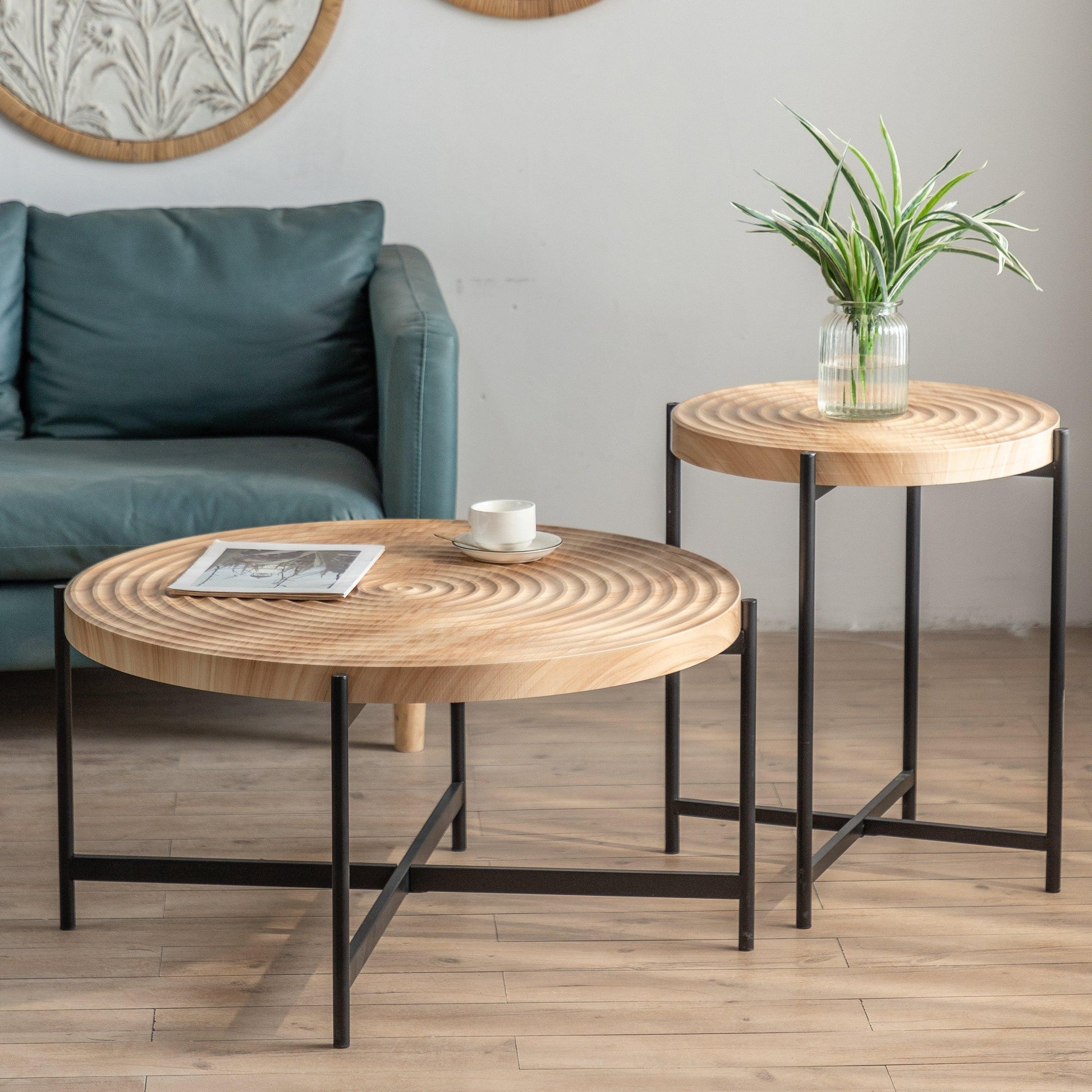 33"Modern Thread Design Round Coffee Table MDF Table Top with Cross Legs Metal Base - FurniFindUSA