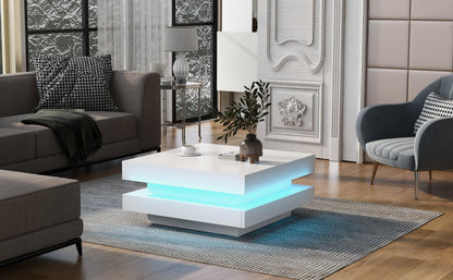 ON-TREND High Gloss Minimalist Design with LED Lights 2-Tier Square Coffee Table White - FurniFindUSA