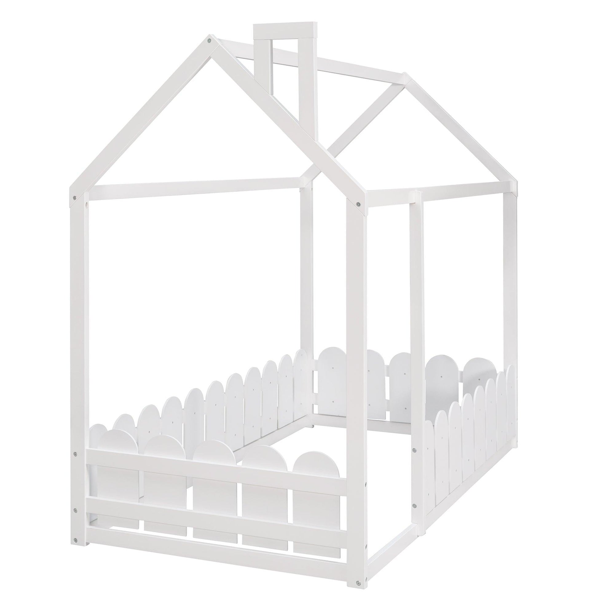 {Slats are not included}Twin Size Wood Bed House Bed Frame with Fence for KidsTeens Girls Boys {White} - FurniFindUSA