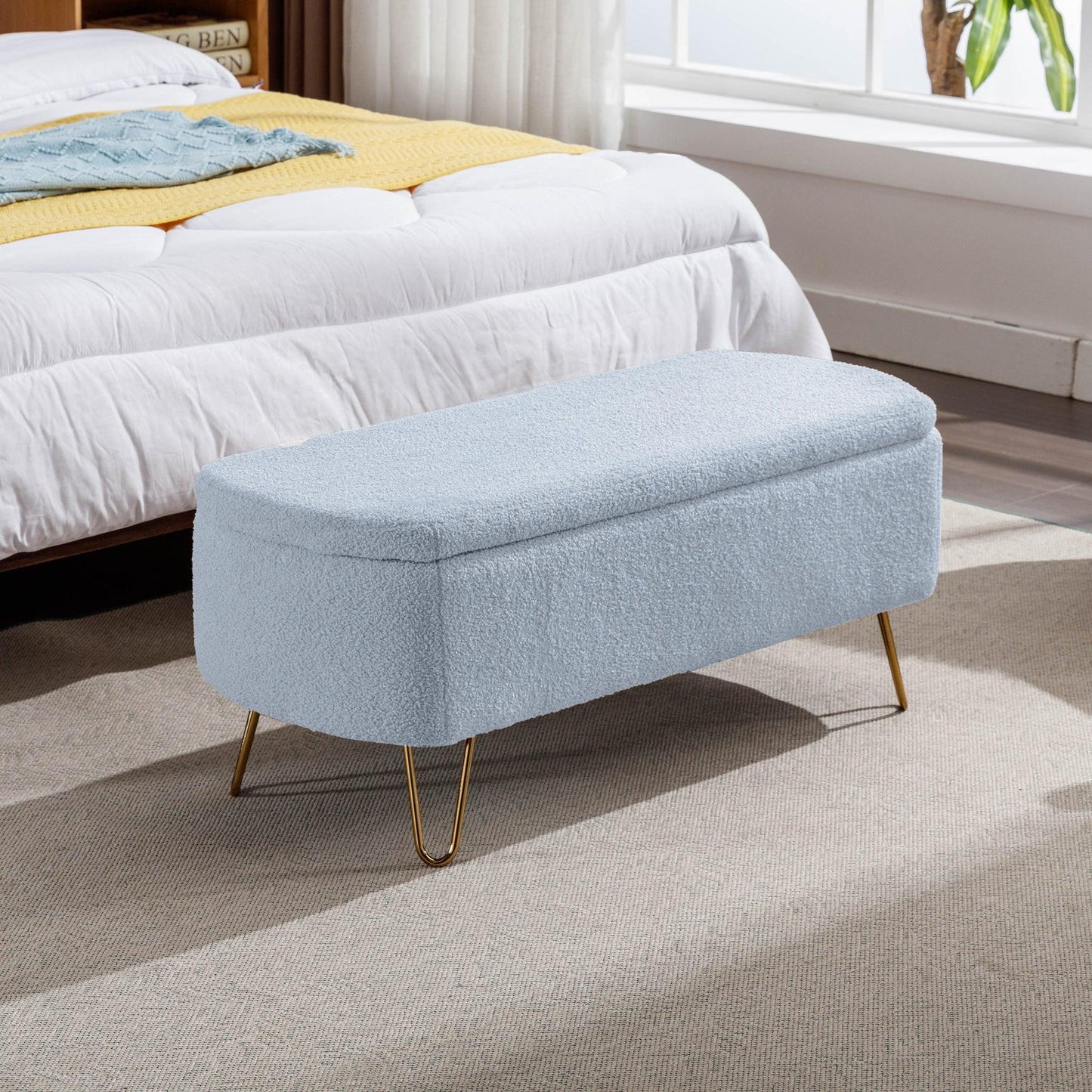 Blue Storage Ottoman Bench for End of Bed Gold Legs - FurniFindUSA