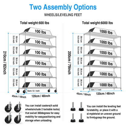 6 Tier Wire Shelving Unit 6000 LBS NSF Height Adjustable Metal Garage Storage Shelves with Wheels - FurniFindUSA