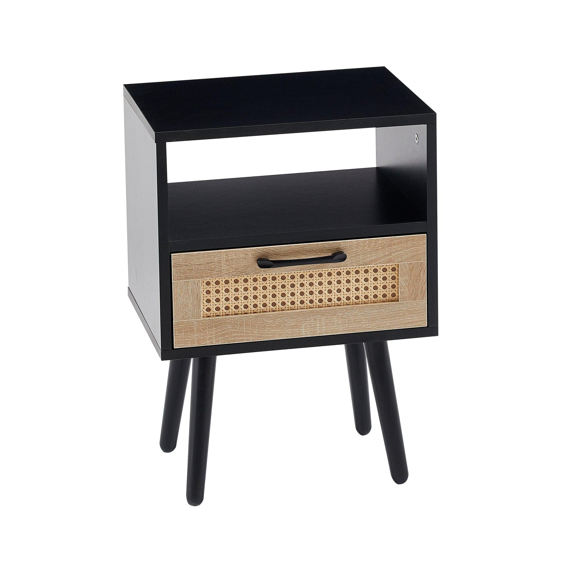 15.75" Rattan End table with drawer and solid wood legs Modern nightstand side table for living room black - FurniFindUSA