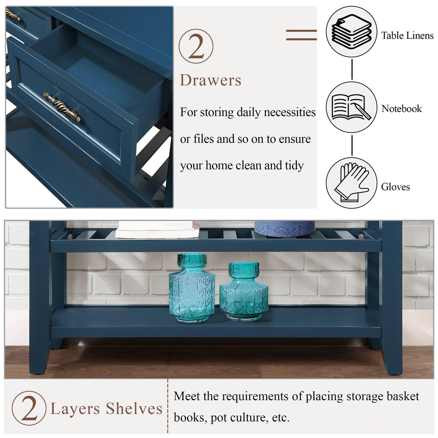 Console Sofa Table with 2 Storage Drawers and 2 Tiers Shelves Mid-Century Style 42'' Solid Wood Buffet Sideboard Navy Blue - FurniFindUSA