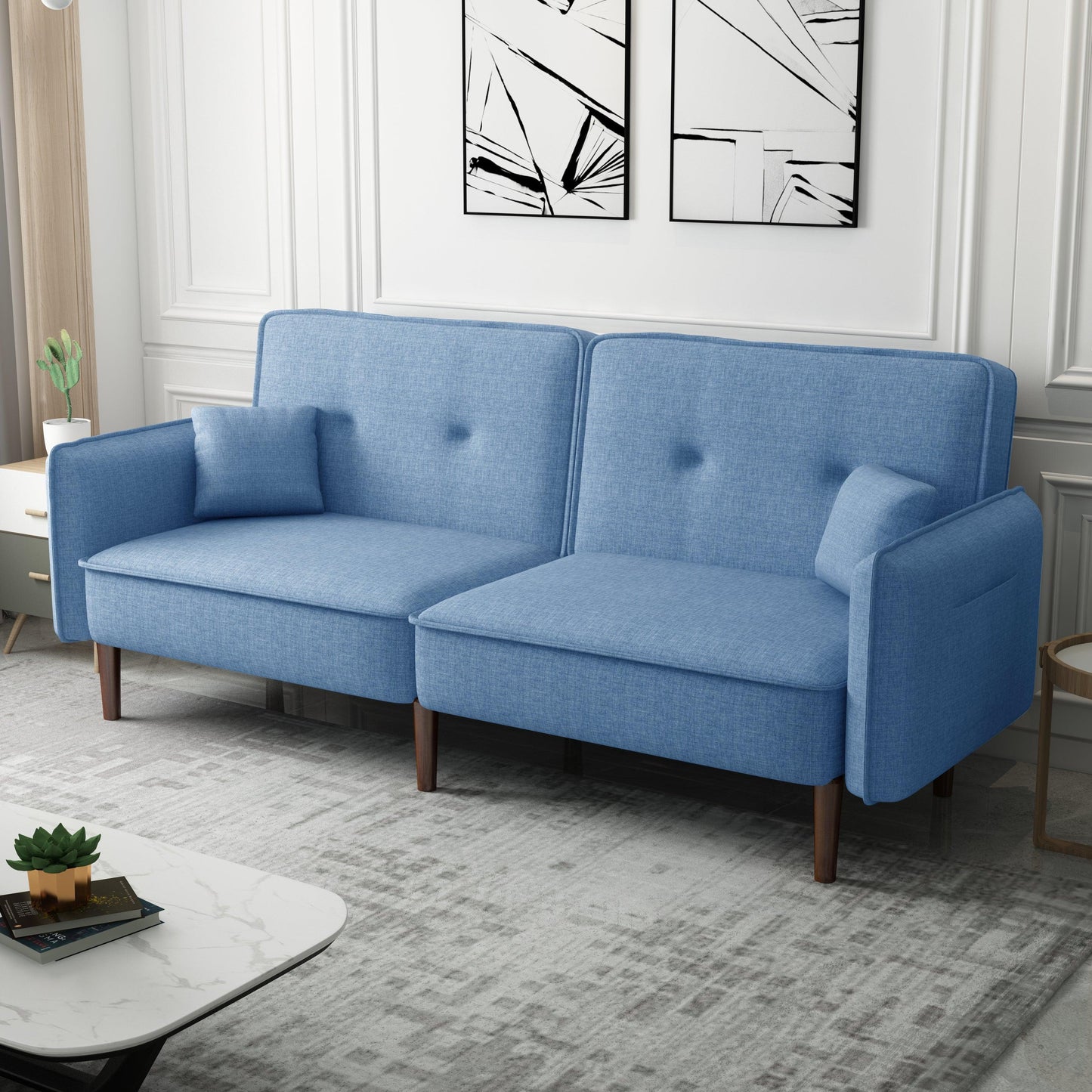 Living Room Bed Room Leisure Futon Sofa bed in Blue Fabric with Solid Wood Leg - FurniFindUSA