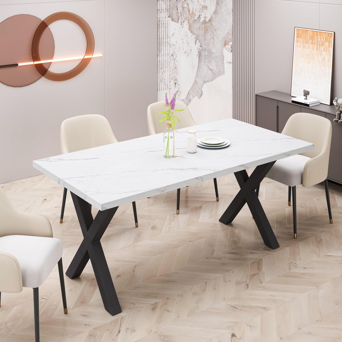 70.87"Modern Square Dining Table with Printed White Marble Table Top+Black X-Shape Table Leg - FurniFindUSA