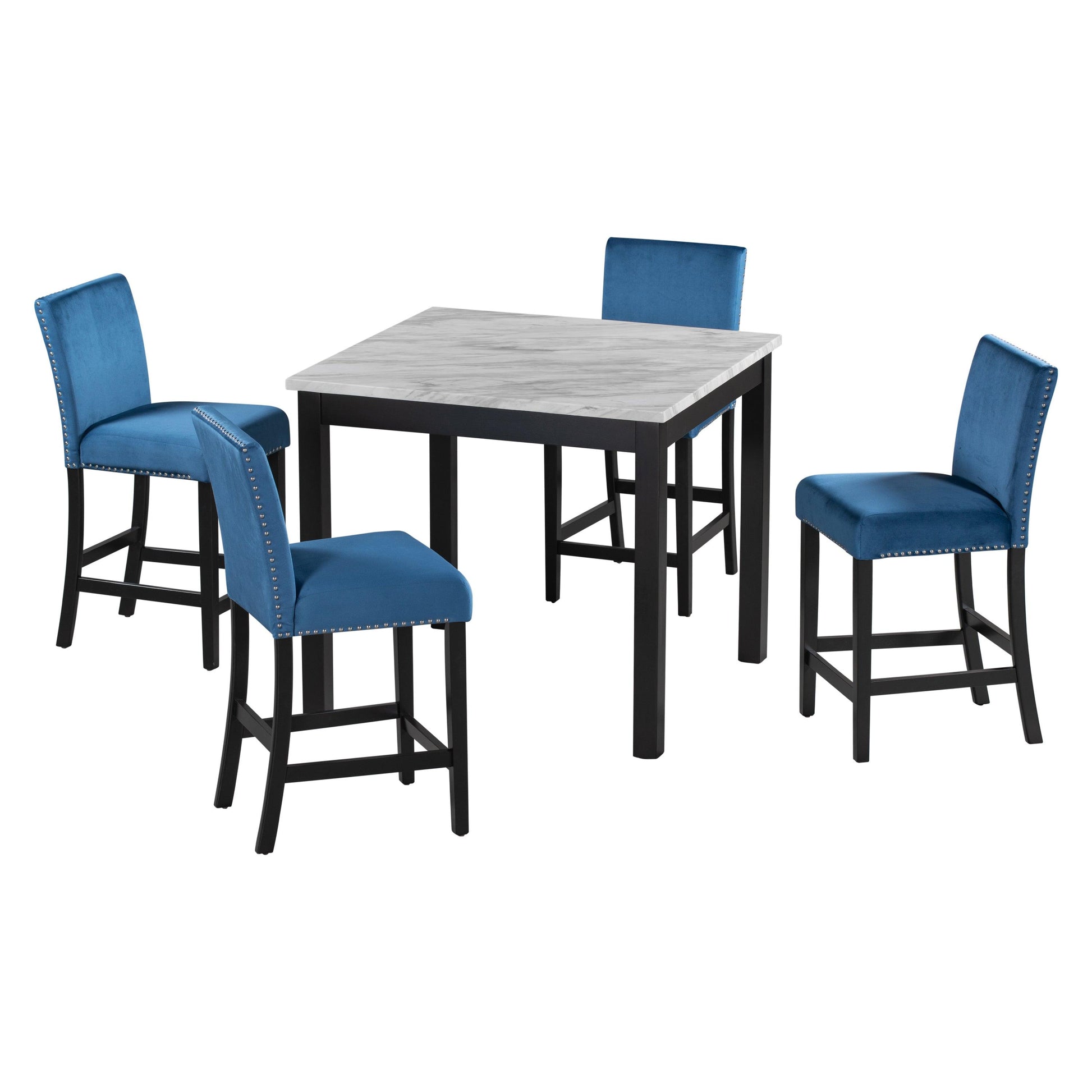 5-piece Counter Height Dining Table Set with One Faux Marble Dining Table and Four Upholstered-Seat Chairs Blue - FurniFindUSA