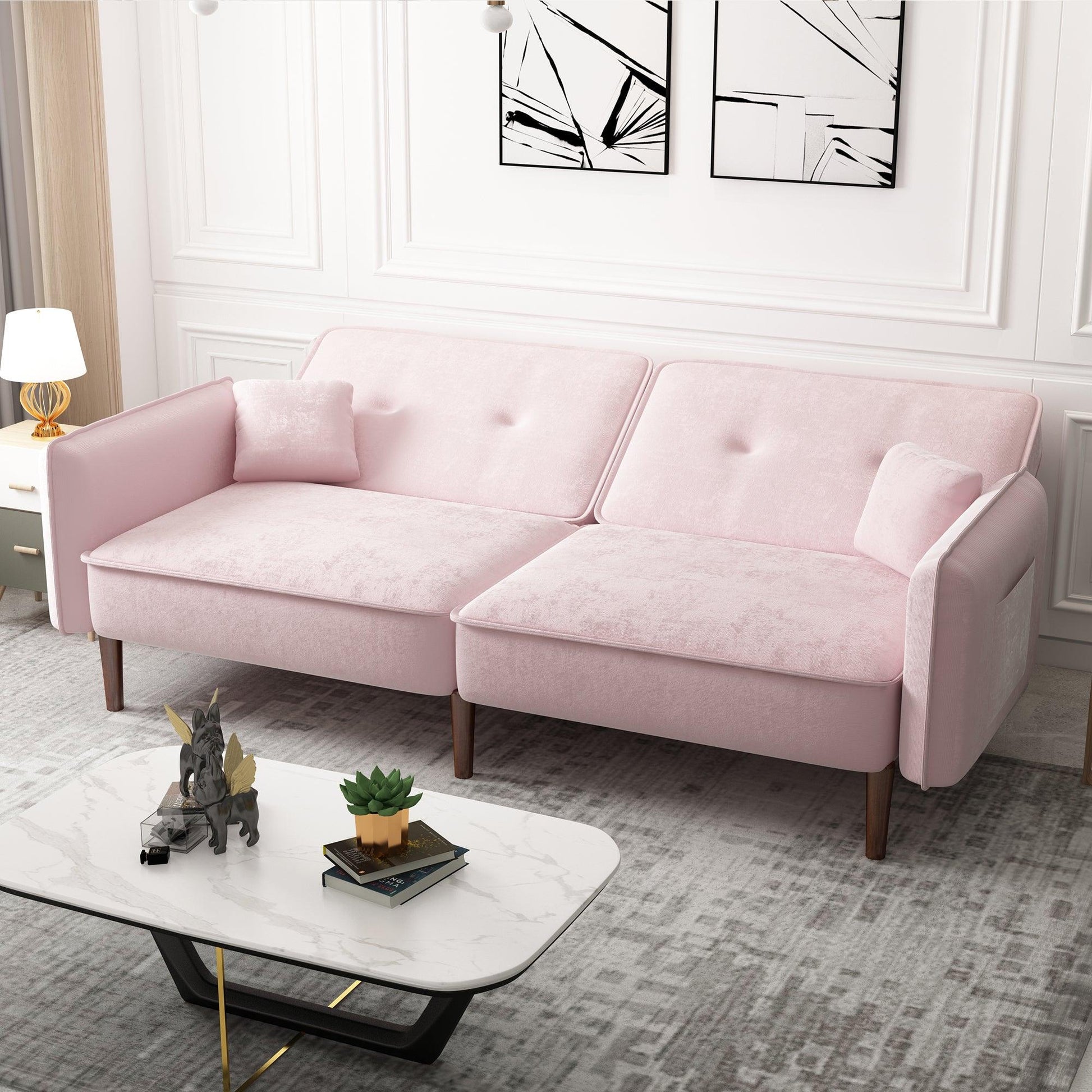 Convertible Sofa Bed with Wood Legs in Velvet(Pink) - FurniFindUSA