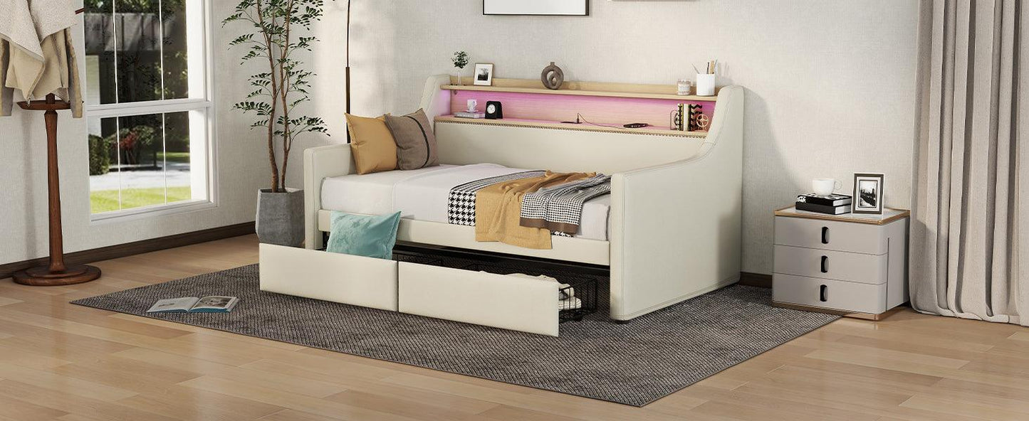 Twin Size Daybed with Storage Drawers Upholstered Daybed with Charging Station and LED Lights Beige - FurniFindUSA