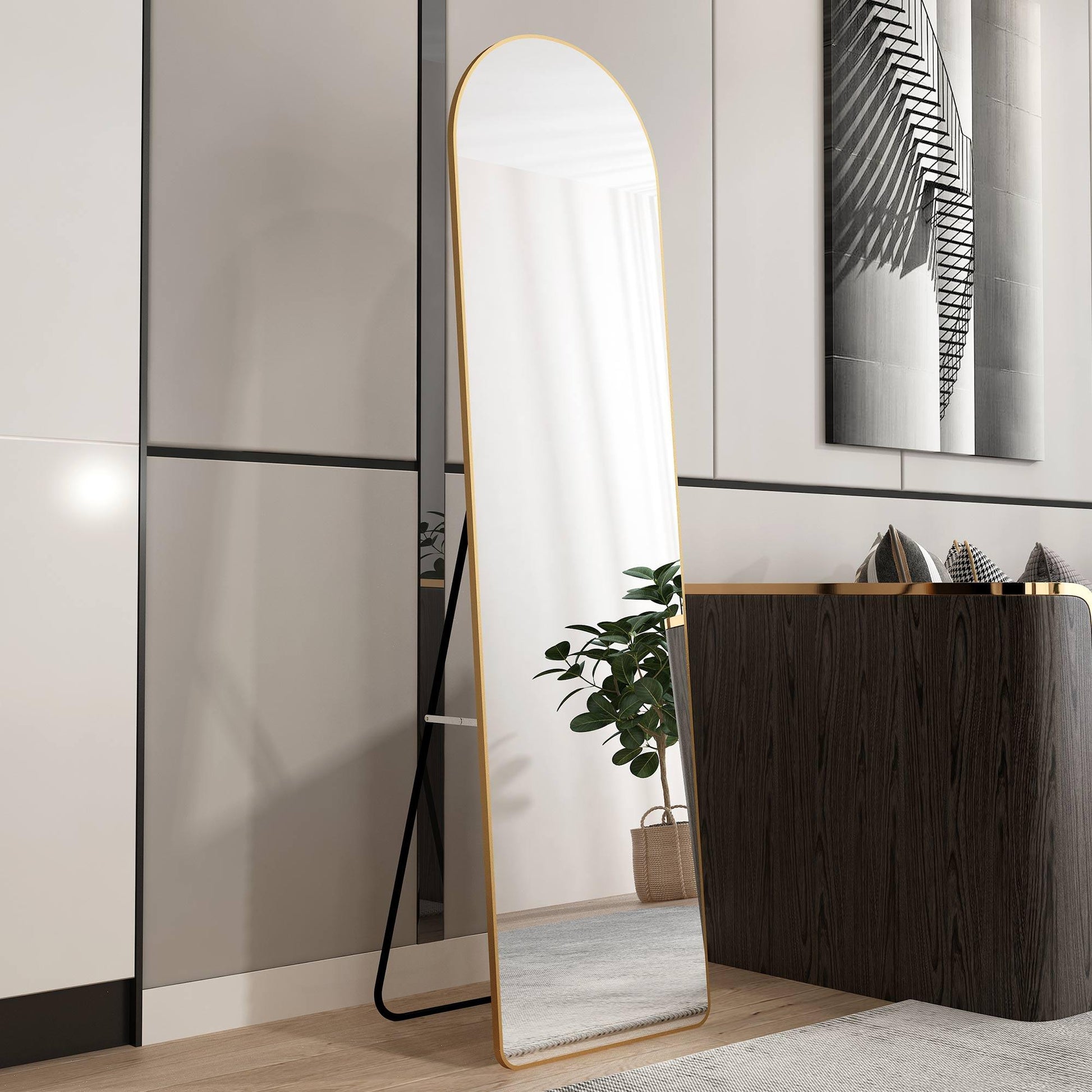 The 1st generation of floor mounted full length mirrors Aluminum alloy metal frame arched wall mirror bathroom makeup mirror - FurniFindUSA