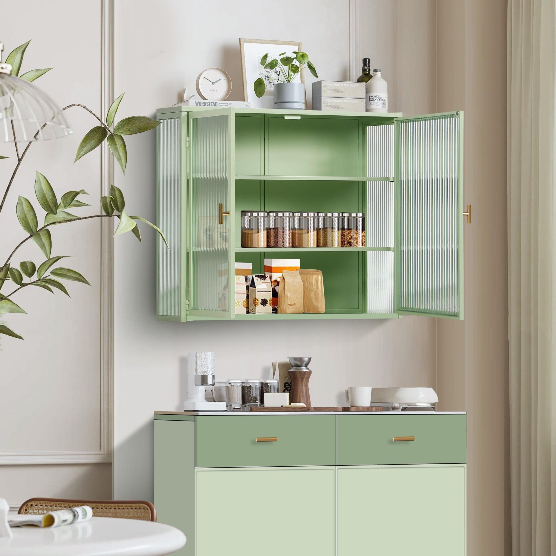 27.56"Glass Doors Modern Two-door Wall Cabinet with Featuring Three-tier Storage Mint Green - FurniFindUSA