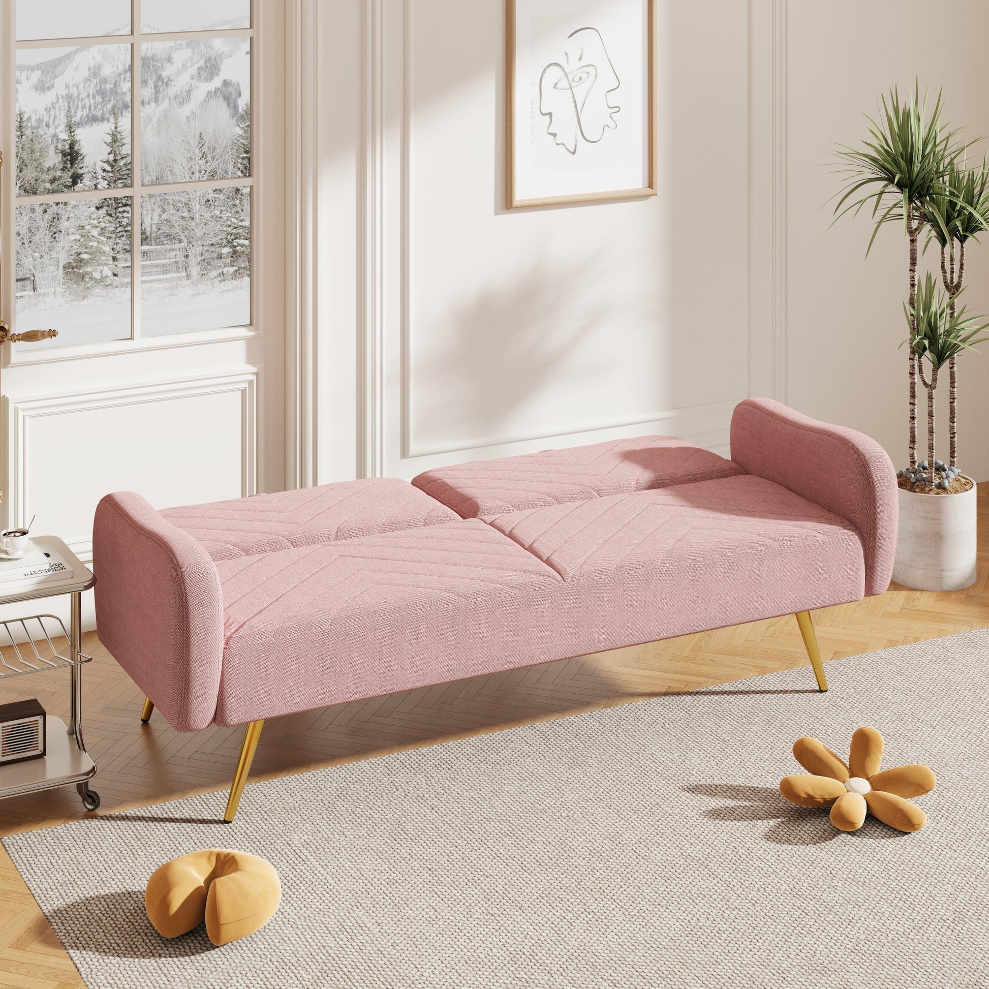 70.47" Pink Fabric Double Sofa with Split Backrest and Two Throw Pillows - FurniFindUSA