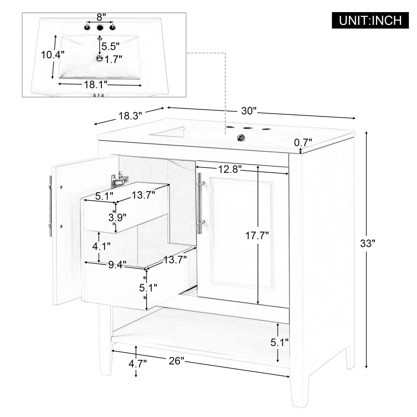 30" Bathroom Vanity with Sink, Multi-functional Bathroom Cabinet with Doors and Drawers, Solid Frame and MDF Board, Grey - FurniFindUSA