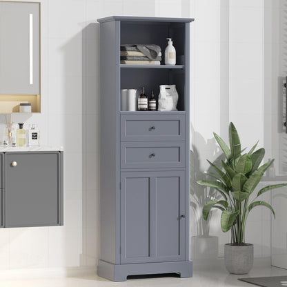 Bathroom Storage Cabinet, Tall Storage Cabinet with Two Drawers, Open Storage, Adjustable Shelf, Grey - FurniFindUSA