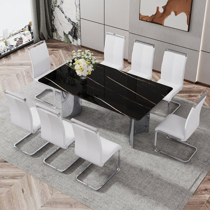 Modern minimalist dining table The black imitation marble glass desktop is equipped with silver metal legs - FurniFindUSA