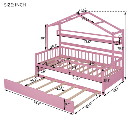 Wooden Twin Size House Bed with Trundle Kids Bed with Shelf Pink - FurniFindUSA