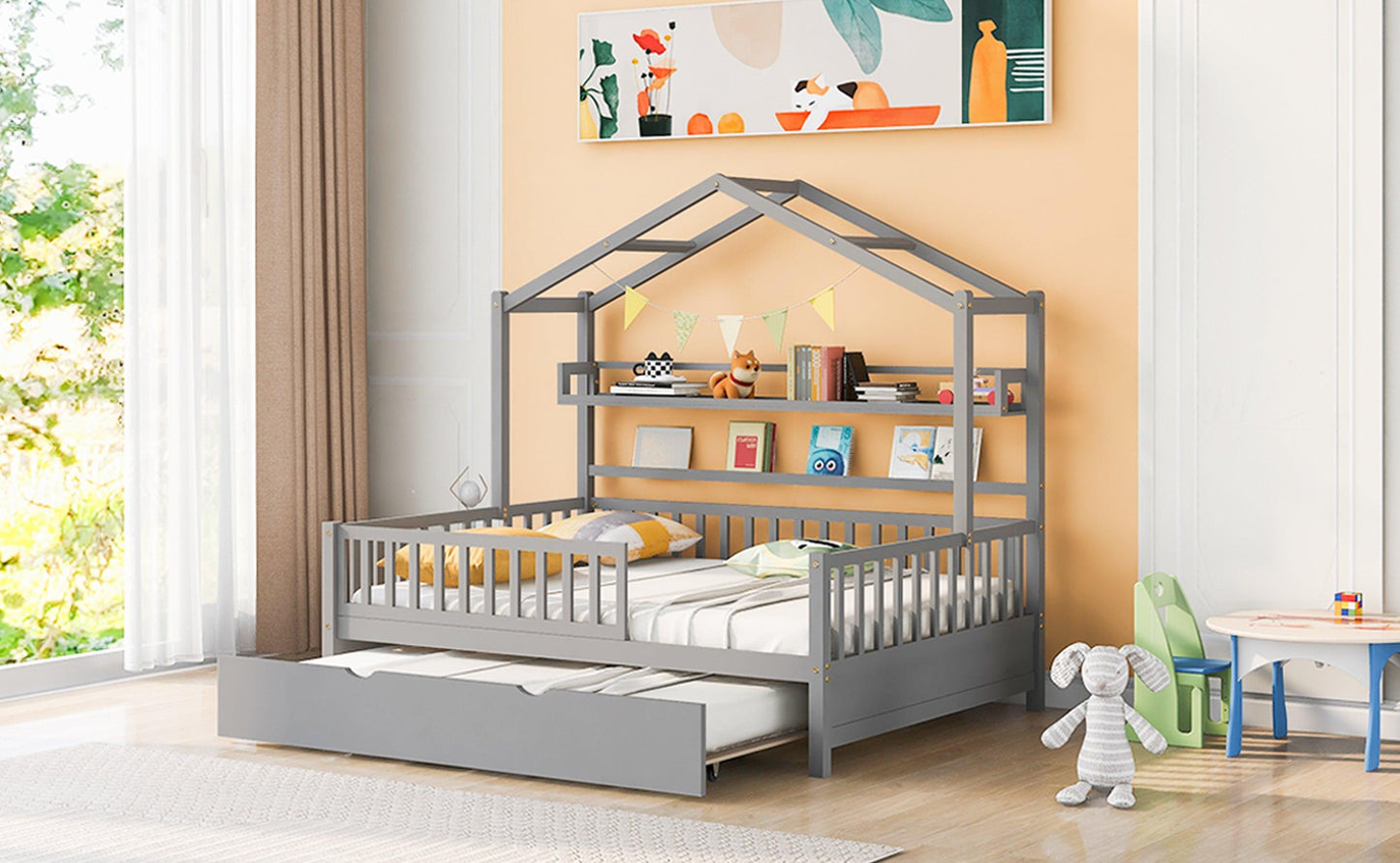 Wooden Full Size House Bed with Twin Size Trundle Kids Bed with Shelf Gray - FurniFindUSA