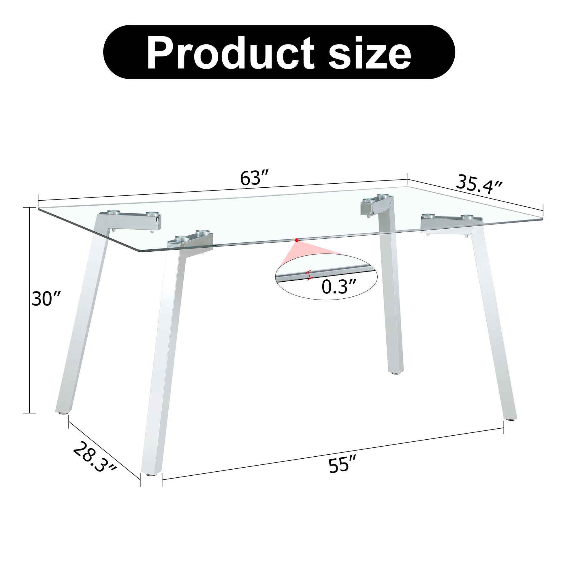 A modern minimalist rectangular glass dining table with tempered glass tabletop and silver metal legs - FurniFindUSA