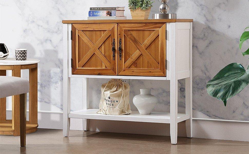 35''Farmhouse Wood Buffet Sideboard Console Table (Antique White + Natural Acacia Top & Door) - FurniFindUSA