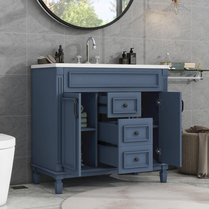 36 inch blue bathroom vanity with top sink, 2 soft doors and 2 drawers, single sink bathroom vanity - FurniFindUSA
